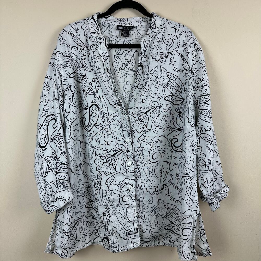 Carole Little Tunic Top Womens 3X‎ Black White Paisley Linen Artsy Ink Lagenlook